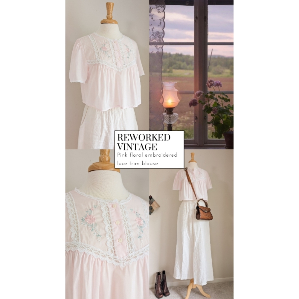 R E W O R K E D Vintage :: Pink Floral Embroidered Lace Trim 90s Cottage Blouse - Picture 5 of 15